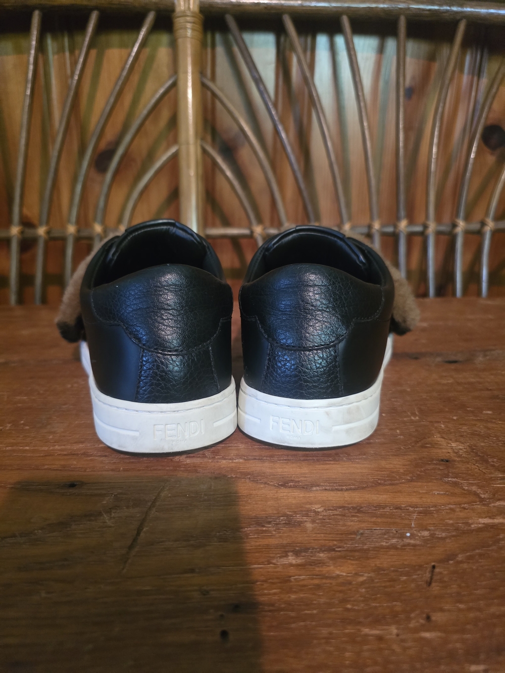 Fendi Black Leather Sneakers with Brown Shearling FF Strap - Picture 10 of 16